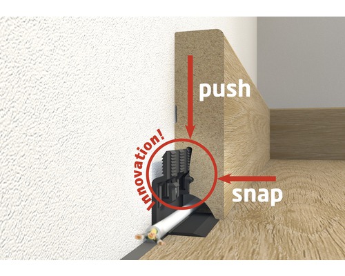 Soklová lišta s vedením kabelů a instalačními pokyny
