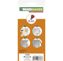 Logo společnosti Windhager. Návod k montáži ve čtyřech krocích s odhadovanou dobou trvání deset minut.