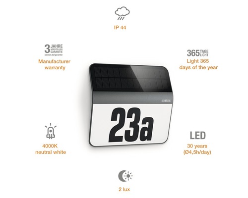 Osvětlení čísla domu se solárním panelem a LED osvětlením pro montáž na stěnu