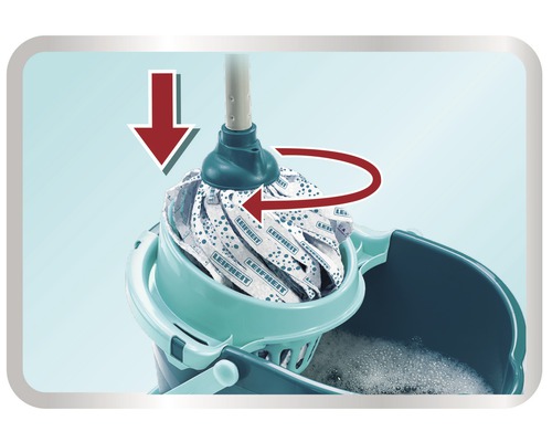 Mop Leifheit v kbelíku se ždímačkou, šipky ukazují směr otáčení