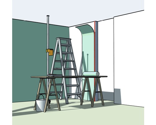 Pokoj s žebříkem, kozy, válečkem a kbelíkem pro renovační práce