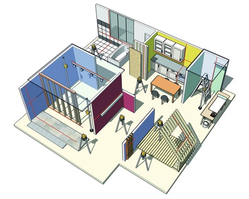 Ilustrace domu ve výstavbě s laserovými vodováhami pro vyrovnání stěn a instalací