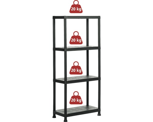 Plastový regál se čtyřmi policemi a nosností 20 kilogramů na polici