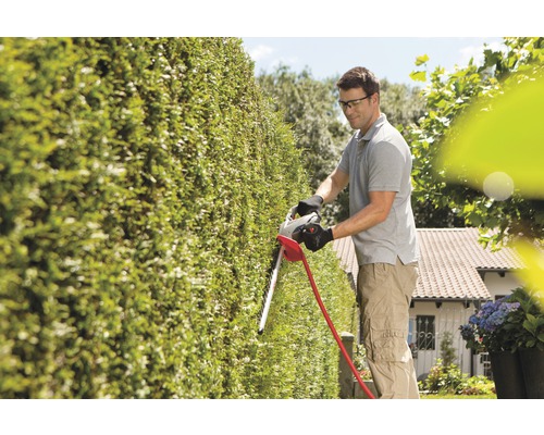 Muž stříhá živý plot nůžkami na živý plot na zahradě.