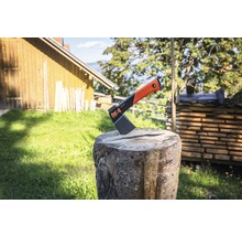 Štípací sekera For_q na špalku před hromadou dřeva a krajinou