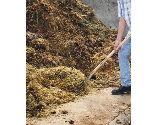 Osoba s vidlemi na hnůj před hromadou hnoje