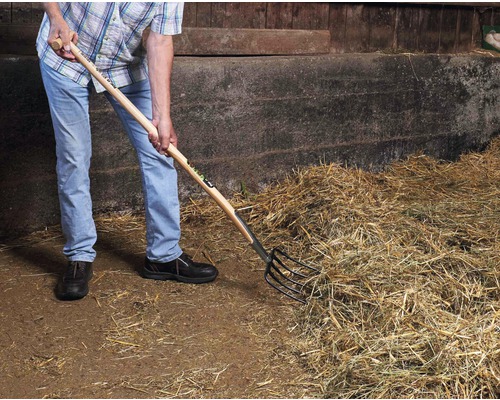 Osoba používá vidle na seno k přemístění sena.