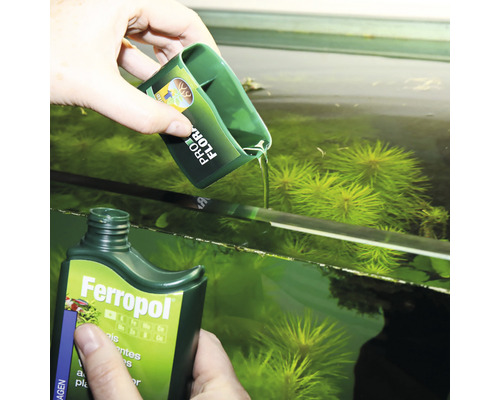 Osoba přidává tekutinu z lahve Ferropol s odměrkou do akvária