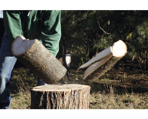 Štípačka dřeva v akci: Poleno se štípe sekerou na špalku.