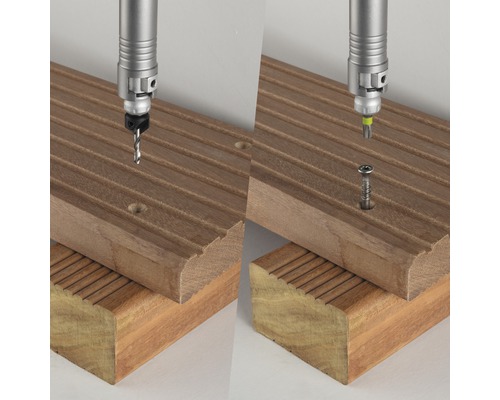 Vrtačka vrtá otvor do dřevěné desky a šroubuje šroub
