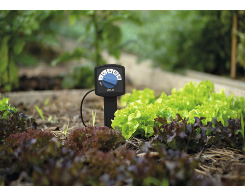 Zavlažovací počítač v zahradním záhonu pro řízení zavlažování.