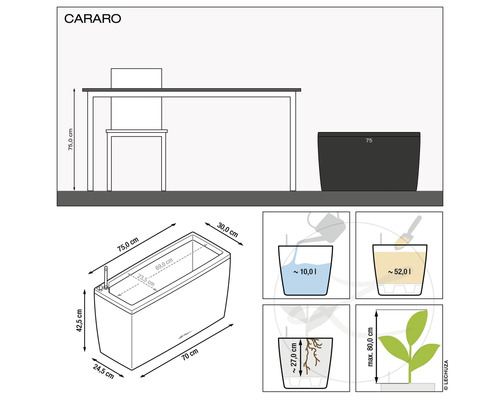 Produktový nákres květináče Cararo s rozměry a objemy náplně.