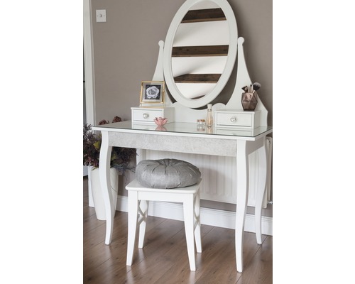 Bílý toaletní stolek se zrcadlem a stoličkou
