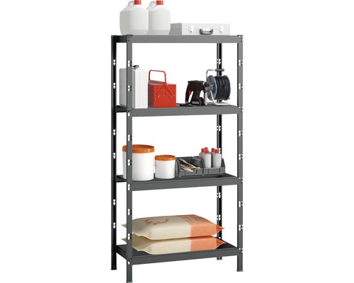 Regál se čtyřmi úrovněmi, plný nástrojů a kontejnerů