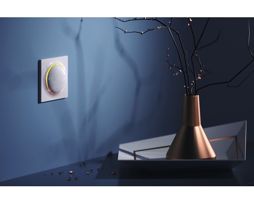 Chytrý vypínač světla na zdi s dekorativní vázou a větvemi na stole.