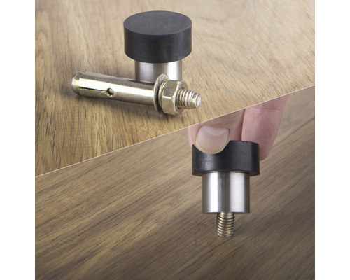 Dveřní zarážka s upevňovacím materiálem na dřevěné podlaze