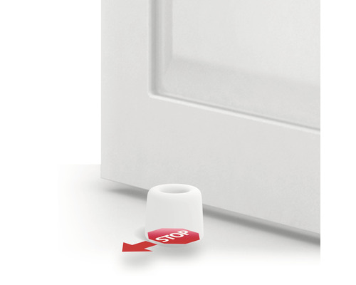 Dveřní zarážka před dveřmi s nápisem STOP