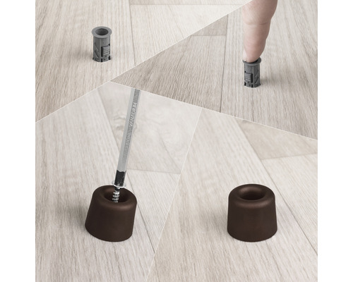 Montáž hnědého dveřního dorazu na dřevěnou podlahu pomocí hmoždinky a šroubováku