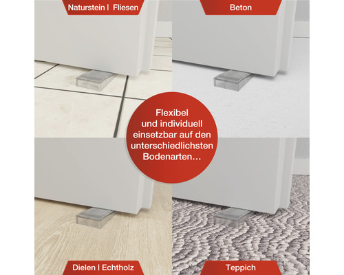 Příklady použití klínu na nábytek na přírodní kamenné dlaždice, beton, prkna z pravého dřeva a koberec.