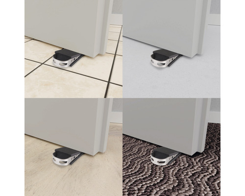 Čtyři pohledy na dveřní zarážku pod dveřmi na dlaždicích, koberci, laminátu a jiné podlahové krytině