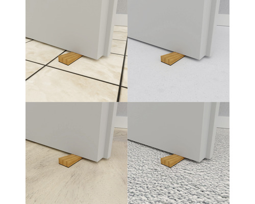 Koláž zobrazuje dřevěný dveřní klín pod různými dveřmi na různých podlahách