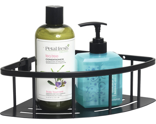 Černá rohová police se šamponem a kondicionérem