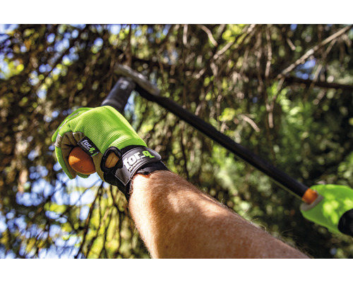 Osoba se zahradními rukavicemi drží ovoce na zahradě