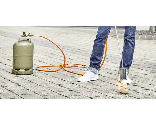 Hořák na plevel s plynovou lahví v provozu na dlažebních kostkách