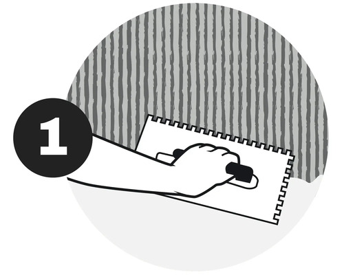 Ilustrace ruky nanášející lepidlo na stěnu pomocí špachtle pro aplikaci tapety, krok 1