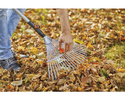 Hrabaní listí hráběmi na listí na trávníku
