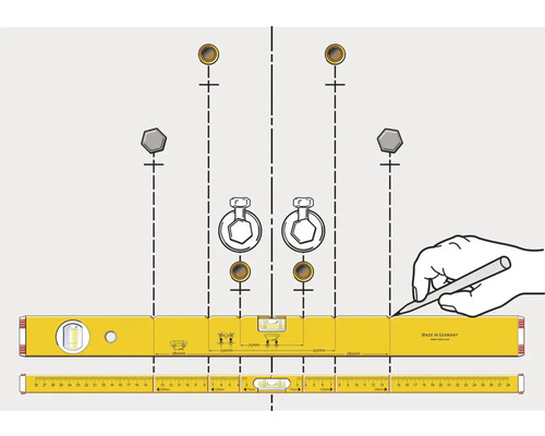 Ilustrace vodováhy s označením pro montáž na stěnu