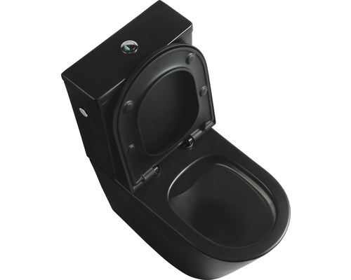 Černá keramická toaleta s nádržkou a otevřeným záchodovým sedátkem