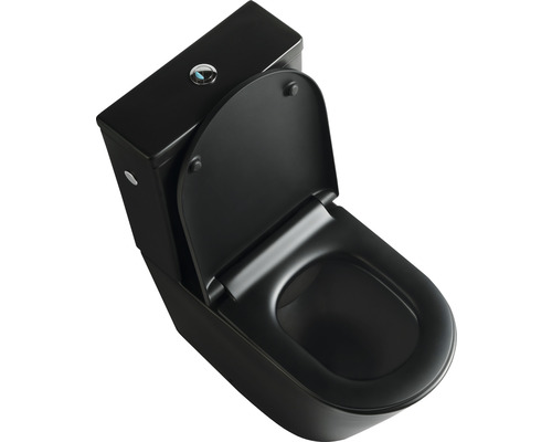 Černá stojící toaleta s nádržkou a otevřeným záchodovým prkénkem