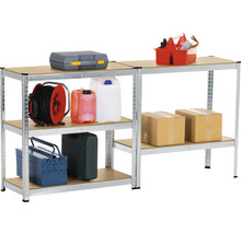 Regálový systém s boxem na nářadí, kabelem, kanystry a kartony