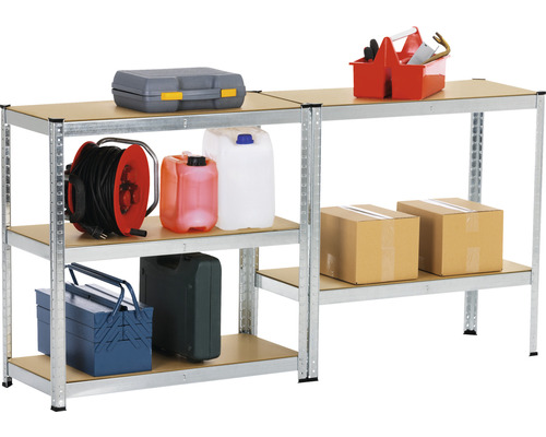 Regálový systém s boxem na nářadí, kabelem, kanystry a kartony