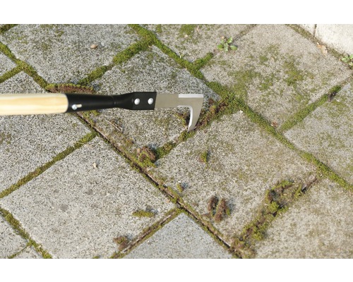 Čistič spár s dřevěnou rukojetí pro odstraňování mechu mezi dlažebními kostkami