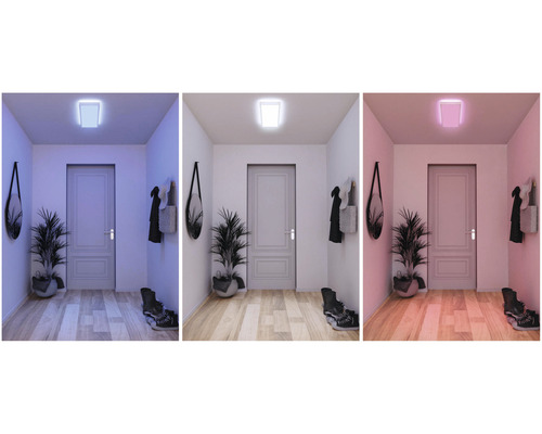 Tři zobrazení chodby se čtvercovým stropním svítidlem v různých barvách