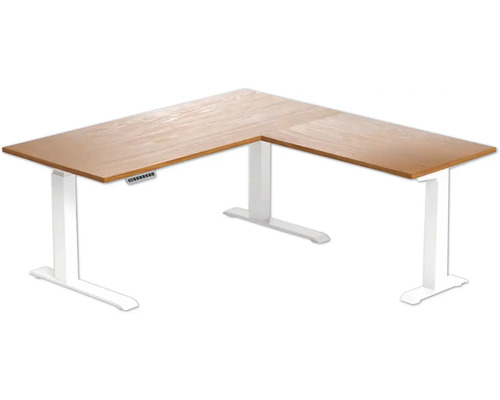 Rohový stůl s dřevěnou deskou a výškově nastavitelným bílým rámem