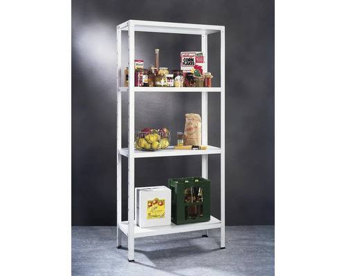 Bílá police se čtyřmi policemi a potravinami