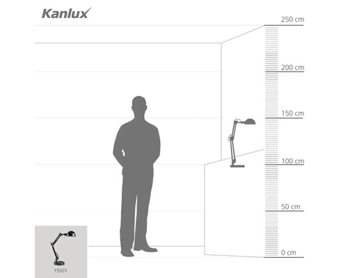 Ilustrace stolní lampy s rozměry a lidskou siluetou pro indikaci velikosti