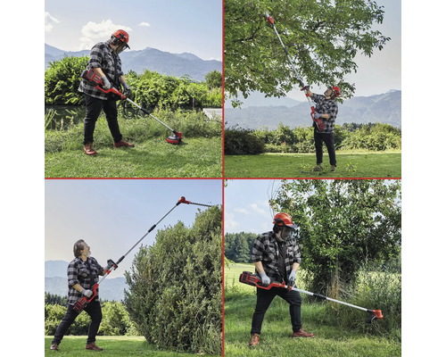 Montáž osob používajících akumulátorový vyžínač a akumulátorové teleskopické nůžky na živý plot na zahradě