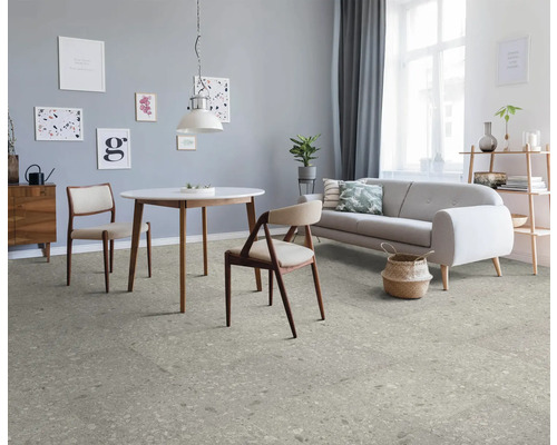 Obývací pokoj s jídelním stolem, pohovkou a podlahovou krytinou