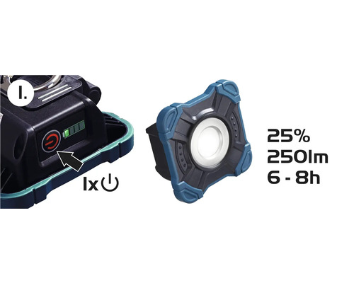 Pracovní lampa s indikátorem baterie, 25 procent jasu, 250 lumenů a 6 až 8 hodin provozu