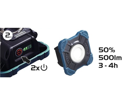 Akumulátorové pracovní světlo s indikátorem stavu baterie, vypínačem, světelným tokem 500 lumenů a dobou svícení 3 až 4 hodiny při 50 procentech jasu.
