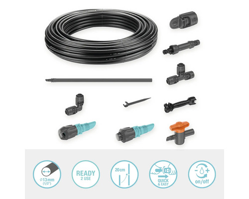 Gardena Micro-Drip-System s kapkovou trubkou, regulační zátkou, koncovou zátkou, spojkou, T-kusem, kolenem, čisticí jehlou a nástrojem