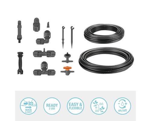 Sada pro zavlažování zahrady s kapacími hadicemi, spojkami, regulačními ventily a montážní pomůckou