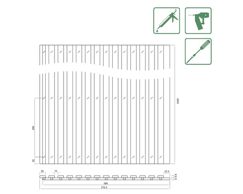 Technický výkres zástěny s rozměry