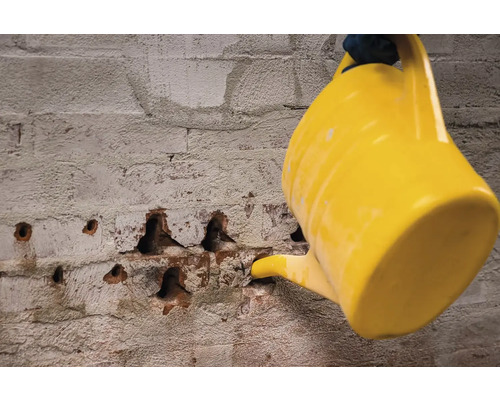 Žlutá konev zavlažuje cihlovou zeď.