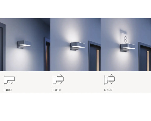 Tři varianty nástěnného svítidla Steinel s osvětlením čísla domu na zdi vedle dveří