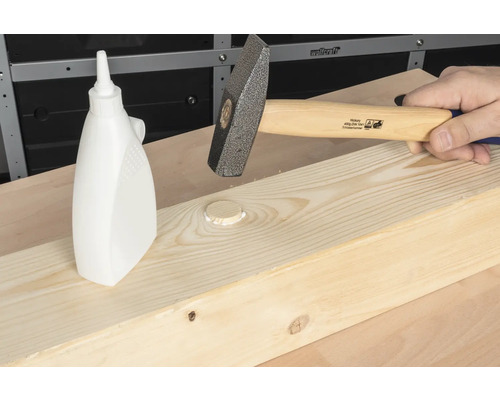 Kladivo zatlouká hmoždinku do dřevěné desky vedle lahvičky s lepidlem.